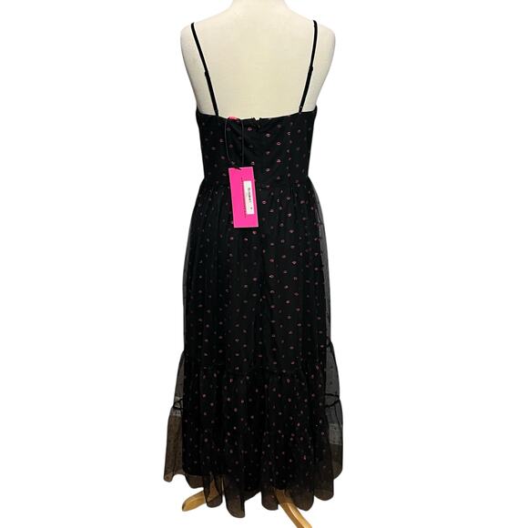 Betsey Johnson Corset Midi Dress 8 Black Lip Print Tulle Mesh Whimsical Romantic - Picture 5 of 15